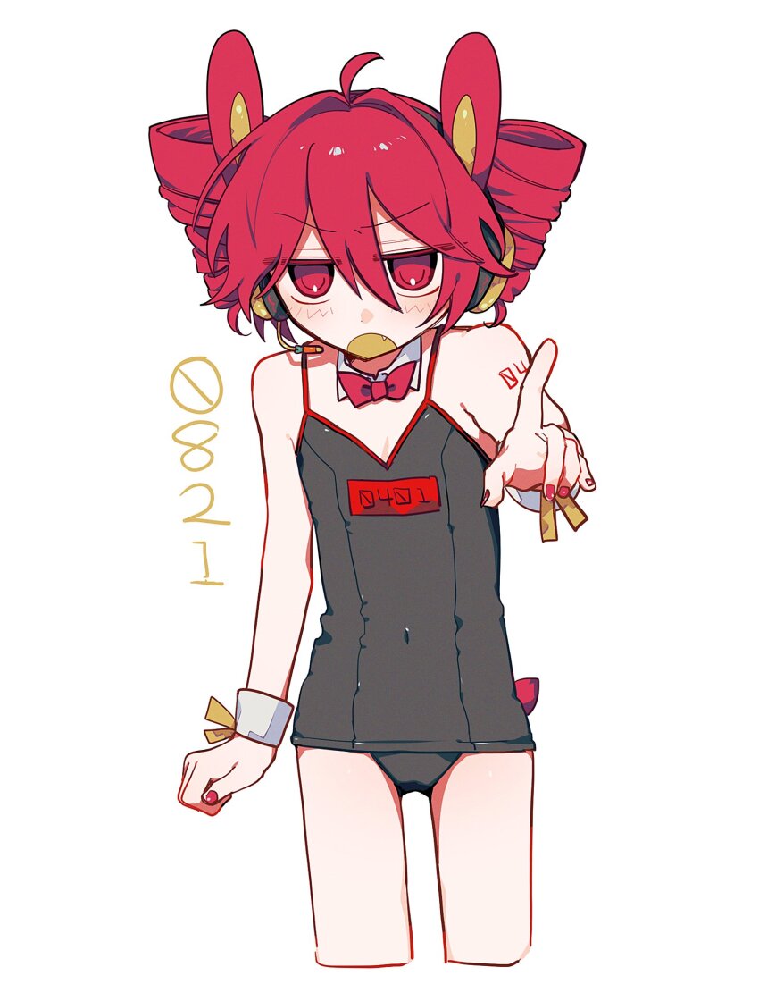 1girl animal_ears arm_at_side arm_tattoo bare_shoulders black_one-piece_swimsuit blush bow bowtie bunny_day commentary covered_navel cropped_legs detached_collar drill_hair fake_animal_ears fake_tail fang flat_chest hair_between_eyes headphones headset highres index_finger_raised kajuu_(maimai_maimaa) kasane_teto looking_at_viewer microphone old_school_swimsuit one-piece_swimsuit open_mouth playboy_bunny_swimsuit rabbit_ears red_eyes red_hair red_nails school_swimsuit short_hair simple_background solo swimsuit tail tattoo translated twin_drills utau v-shaped_eyebrows white_background wrist_cuffs