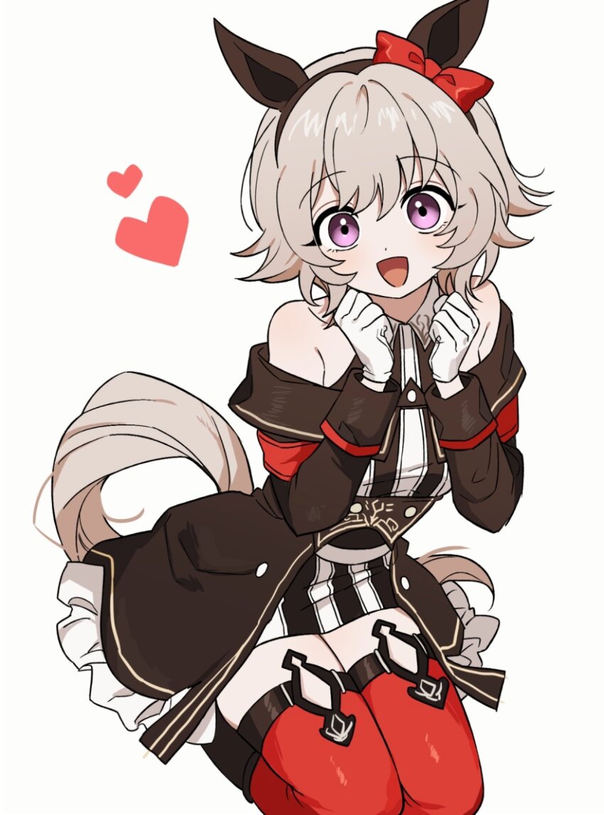 1girl animal_ears bare_shoulders blush bow breasts coat curren_chan_(fille_eclair)_(umamusume) curren_chan_(umamusume) dress ear_bow ear_covers gloves grey_hair hair_between_eyes heart highres horse_ears horse_girl horse_tail long_sleeves looking_at_viewer off-shoulder_coat off-shoulder_dress off-shoulder_jacket off_shoulder open_mouth purple_eyes red_bow red_thighhighs seiza shiryoku_kensa short_hair simple_background sitting smile solo striped_clothes striped_dress tail thighhighs umamusume vertical-striped_clothes vertical-striped_dress white_background white_gloves