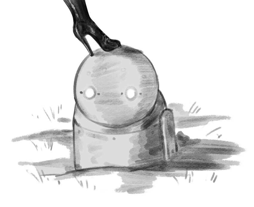 1girl 2b_(nier:automata) black_boots boots commentary english_commentary greyscale high_heel_boots high_heels highres kurone_rinka machine_(nier) monochrome nier:automata nier_(series) robot simple_background solo stepped_on white_background