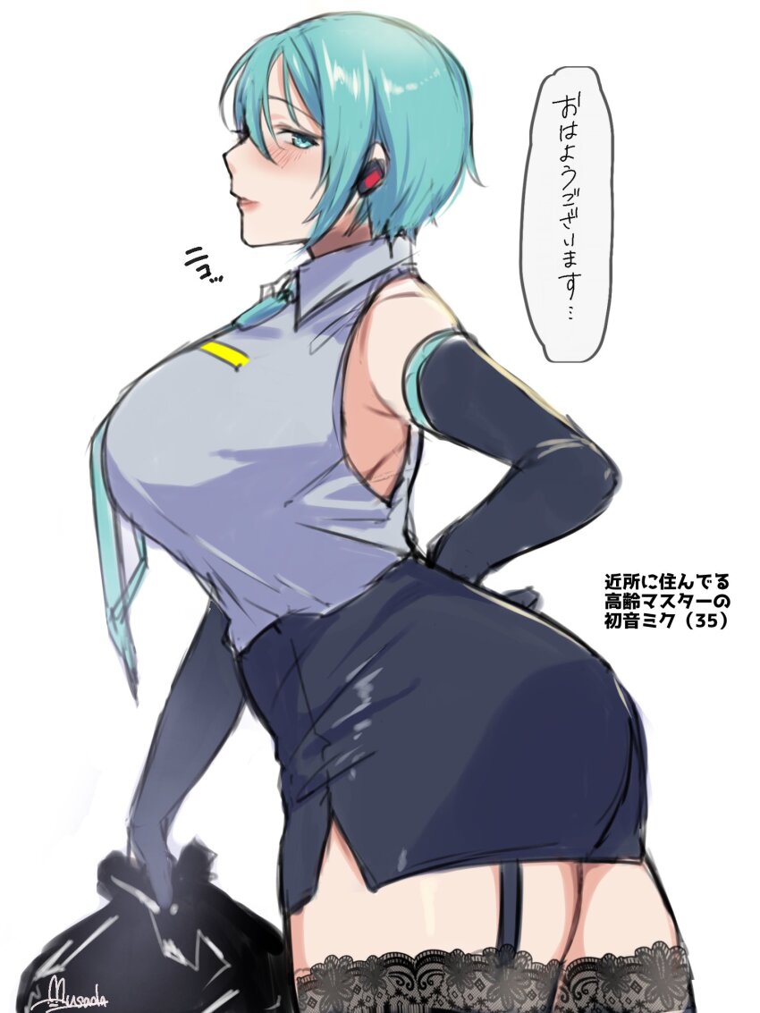 1girl aged_up alternate_hairstyle aqua_eyes aqua_hair bag black_gloves black_skirt black_thighhighs blue_eyes blue_hair blush breasts earpiece elbow_gloves from_side garter_straps gloves hair_between_eyes hand_on_own_hip hatsune_miku highres holding holding_bag huge_breasts japanese_text lace lace-trimmed_thighhighs lace_trim lips mature_female miniskirt necktie shirt short_hair skirt sleeveless sleeveless_shirt smile solo standing thighhighs usada_mimiz vocaloid white_background white_shirt
