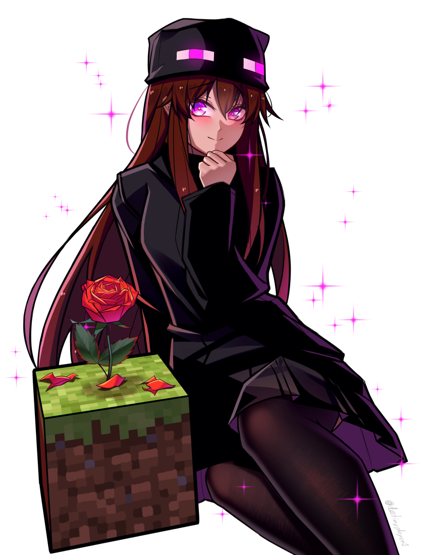 1girl absurdres ander_(at2.) black_skirt blush brown_hair closed_mouth destinyplayer1 enderman flower grass_block hat highres long_hair long_sleeves looking_at_viewer minecraft mob_talker pantyhose pleated_skirt purple_eyes red_flower red_rose rose skirt smile solo very_long_hair