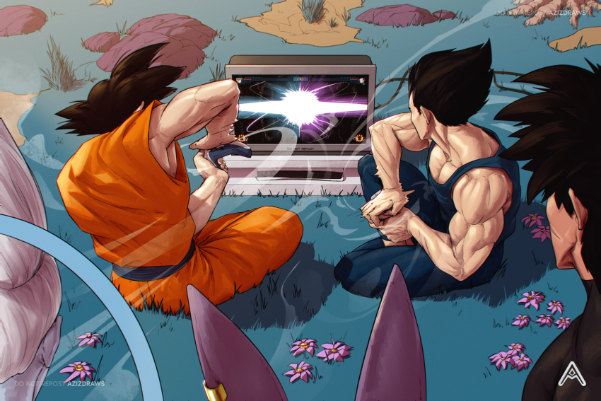 5boys artist_name azizdraws beerus black_hair blue_bodysuit bodysuit broly_(dragon_ball_super) controller dougi dragon_ball dragon_ball:_sparking! dragon_ball_super game_console game_controller highres holding holding_controller holding_game_controller large_pectorals male_focus multiple_boys muscular muscular_male pectorals playing_games playstation_5 playstation_controller short_hair sitting son_goku spiked_hair vegeta video_game whis