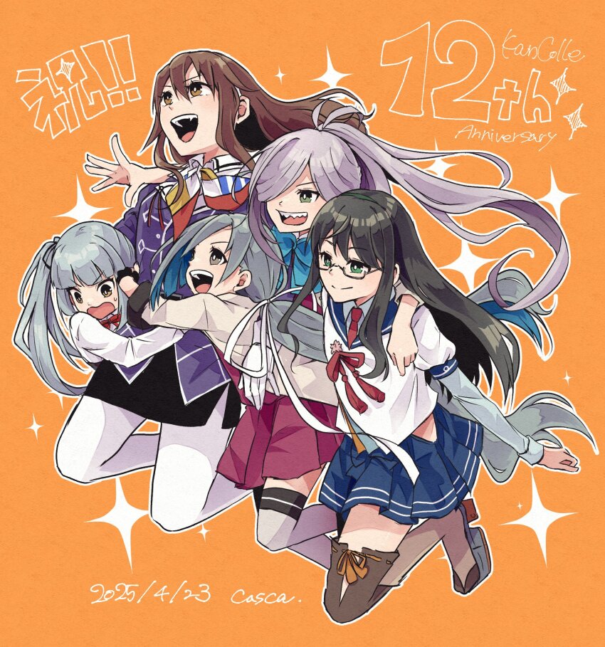 5girls asashimo_(kancolle) ashigara_(kancolle) ashigara_kai_ni_(kancolle) blazer blue_sailor_collar blue_skirt brown_hair casca_(casca_bask) collared_shirt dress dress_shirt glasses grey_hair grey_jacket greyscale halter_dress halterneck highres jacket jumping kantai_collection kasumi_(kancolle) kasumi_kai_ni_(kancolle) kiyoshimo_(kancolle) kiyoshimo_kai_ni_(kancolle) long_hair low_twintails military_uniform monochrome multiple_girls ooyodo_(kancolle) orange_background pantyhose pleated_skirt ponytail purple_dress purple_jacket sailor_collar school_uniform serafuku sharp_teeth shirt side_ponytail skirt teeth twintails white_pantyhose white_shirt