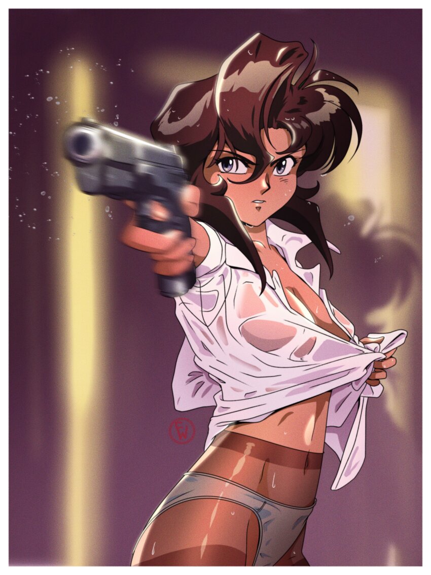 1girl absurdres aiming artist_logo black_eyes blurry blurry_background border breasts brown_hair collared_shirt commentary dark-skinned_female dark_skin english_commentary finger_on_trigger fritz_willie gun gunsmith_cats hair_between_eyes handgun high-waist_pantyhose highres holding holding_gun holding_weapon logo looking_at_viewer medium_breasts medium_hair motion_blur navel no_pants outstretched_arms panties panties_under_pantyhose pantyhose parted_lips rally_vincent shirt solo teeth thighband_pantyhose underwear v-shaped_eyebrows weapon wet wet_clothes wet_shirt white_border white_panties white_shirt