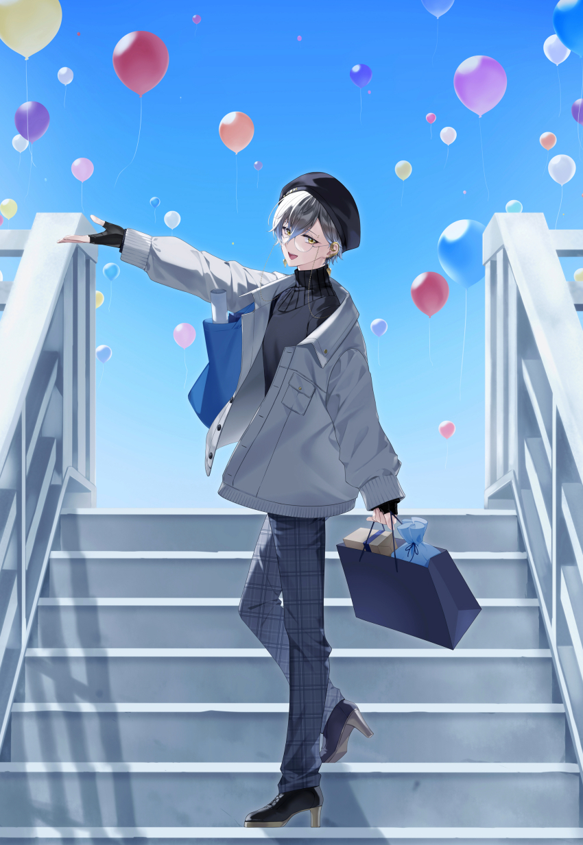 1boy absurdres bag balloon beret berry6213 birthday black_gloves black_shirt blue_hair blue_sky commentary earrings english_commentary eyebrow_piercing eyewear_strap face_piercing fingerless_gloves full_body glasses gloves gradient_hair grey_hair grey_jacket hand_up hat high_heels highres holding holding_bag ike_eveland ike_eveland_(2nd_costume) jacket jewelry looking_at_viewer male_focus multicolored_hair nijisanji nijisanji_en open_clothes open_jacket open_mouth pants piercing plaid_clothes plaid_pants round_eyewear shirt short_hair shoulder_bag sky smile solo stairs teeth turtleneck upper_teeth_only virtual_youtuber yellow_eyes