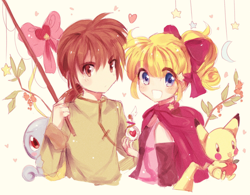 1boy 1girl :d almond_(pokemon) apple blonde_hair blush breasts brown_eyes brown_hair cape commentary creature crescent english_commentary food fruit gen_1_pokemon hair_ribbon happy hazel_(pokemon) heart highres holding holding_food holding_fruit kash-phia long_hair long_sleeves looking_at_viewer love_potion magical_pokemon_journey medium_hair nintendo open_mouth pikachu pink_ribbon pokemon pokemon_(creature) purple_eyes ribbon small_breasts smile squirtle star_(symbol) upper_body
