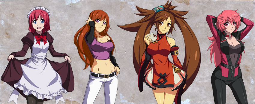 00s 4girls :t absurdres steamed_bun black_legwear blue_eyes breasts brown_hair character_request chinese_clothes chuunioniika cleavage crossover curtsey dancouga_(series) food guilty_gear hidaka_aoi highres hisui_(tsukihime) juusou_kikou_dancouga_nova kuradoberi_jam large_breasts long_hair maid midriff multiple_girls navel pantyhose pink_hair purple_eyes red_eyes red_hair skirt_hold tsukihime very_long_hair