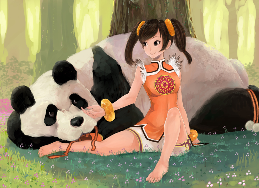 1girl barefoot black_eyes black_hair bracelet chinese_clothes feet female_focus forest grass jewelry ling_xiaoyu long_hair namco nature orange_shirt panda panda_(tekken) shirt shoes shorts sitting smile solo tekken tomamatto tree twintails unworn_shoes
