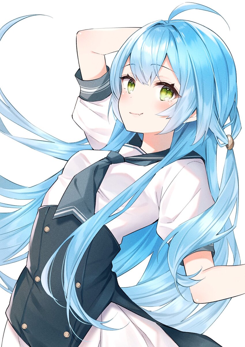 1girl ahoge arm_up black_corset blue_hair blue_neckerchief blue_sailor_collar breasts corset double-parted_bangs fang green_eyes hair_between_eyes hair_intakes haruhitooo hashtag-only_commentary highres long_hair looking_at_viewer medium_breasts neckerchief original pleated_skirt ring_hair_ornament sailor_collar shirt short_sleeves sidelocks simple_background skin_fang skirt smile solo standing upper_body very_long_hair white_background white_shirt white_skirt