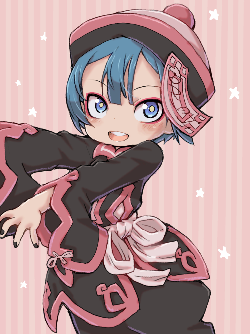 1boy black_nails blue_eyes chinese_clothes highres long_sleeves looking_at_viewer made_in_abyss maruruk nail_polish open_mouth short_hair solo teeth trap upper_teeth_only ximu_shilang yellow_pupils