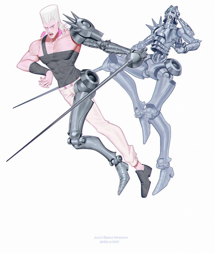 1boy absurdres artist_name black_shirt black_shoes chinese_commentary commentary copyright_name dated dynamic_pose earrings english_text flattop full_body heart heart_earrings highres holding holding_sword holding_weapon jean_pierre_polnareff jewelry jojo_no_kimyou_na_bouken male_focus medium_hair muscular muscular_male open_mouth palmar_flexion pants prosthesis prosthetic_arm prosthetic_leg shirt shoes sideways silver_chariot solo stand_(jojo) stardust_crusaders sword veela weapon white_background white_eyes white_hair white_pants