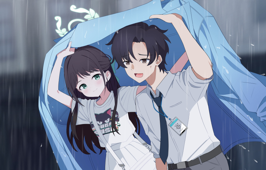 1boy 1girl absurdres airi_(band)_(blue_archive) airi_(blue_archive) arms_up bag belt black_hair blue_archive blue_jacket blue_necktie blurry blurry_background blush bow brown_eyes chain collared_shirt commentary commentary_request english_commentary green_bow green_eyes green_halo grey_pants hair_bow halo highres holding id_card jacket korean_commentary long_hair necktie official_alternate_costume open_clothes open_jacket open_mouth outdoors oversized_jacket pants poorunii rain schale_logo sensei_(blue_archive) sensei_(blue_archive_the_animation) shirt short_hair short_sleeves shoulder_bag skirt smile sweatdrop t-shirt upper_body white_shirt white_skirt