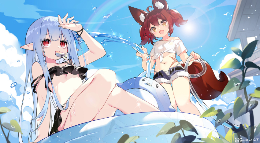 2girls :d ahoge animal_ear_fluff animal_ears arm_up belt belt_buckle bikini bikini_under_clothes black_belt black_bikini blue_hair blue_shorts blue_sky breasts brown_eyes brown_hair buckle cloud commentary_request day fang food_in_mouth fox_ears fox_girl fox_tail front-tie_top fur-trimmed_shorts fur_trim highres hose long_hair multiple_girls navel off_shoulder open_mouth original outdoors plant pointy_ears red_eyes saru scarf shirt short_hair short_shorts short_sleeves shorts sitting sky small_breasts smile standing swimsuit tail tied_shirt twintails twitter_username very_long_hair wading_pool water white_bikini white_shirt