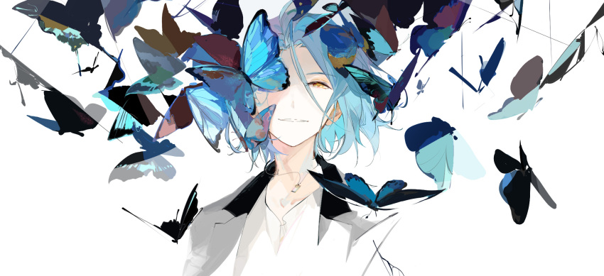 1boy blue_butterfly blue_hair bug butterfly butterfly_over_eye ensemble_stars! ezu_(e104mjd) highres himeru_(ensemble_stars!) insect looking_at_viewer male_focus medium_hair one_eye_covered parted_lips shirt simple_background smile solo upper_body white_background white_shirt yellow_eyes