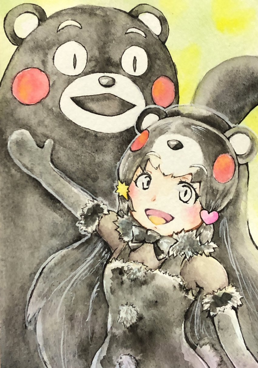 1girl black_dress black_gloves black_hair black_legwear chibi_kumamon_(kemono_friends) dress gloves highres kemono_friends kemono_friends_3 kumamon long_hair