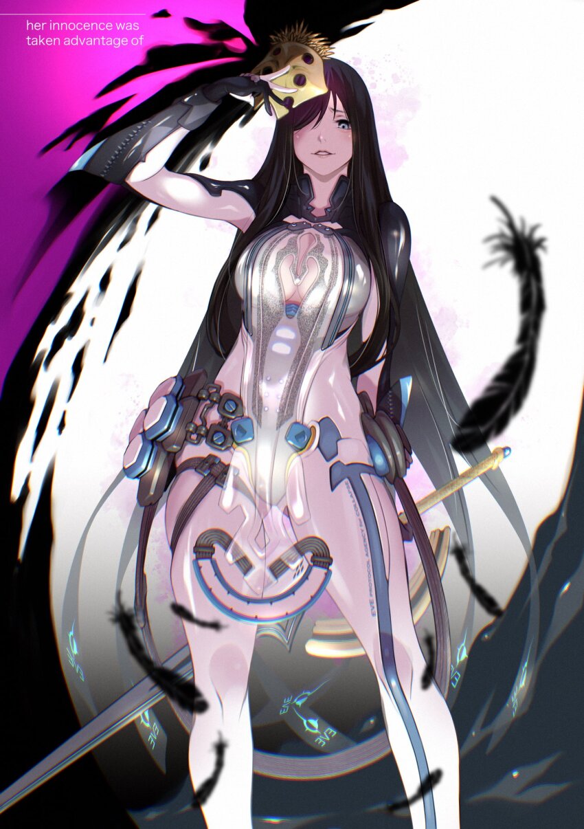 1girl black_feathers black_hair blue_eyes bodysuit breasts cleavage cleavage_cutout clothing_cutout falling_feathers feathers fune_(fune83ojj) gluteal_fold gold_mask grey_bodysuit hair_over_one_eye highres holding holding_mask holding_sword holding_weapon large_breasts long_hair looking_at_viewer mask parted_lips raven_(stellar_blade) raven_suit_(stellar_blade) smile stellar_blade sword very_long_hair weapon