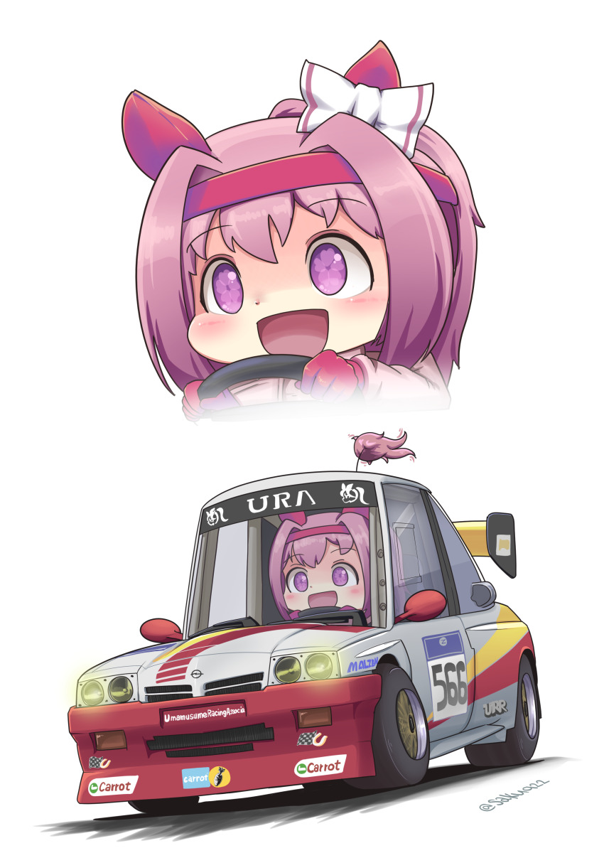 1girl :d absurdres animal_ears bow brand_name_imitation car castrol commentary_request driving ear_bow ear_covers flower_in_eye gloves hair_intakes haru_urara_(umamusume) headband highres horse_ears horse_girl jacket motor_vehicle multiple_views nurburgring opel_(company) opel_manta open_mouth pink_eyes pink_gloves pink_hair pink_headband pink_jacket race_vehicle racecar sakusan_(ss-awesome) simple_background smile spoiler_(automobile) symbol_in_eye twitter_username umamusume vehicle_focus white_background white_bow
