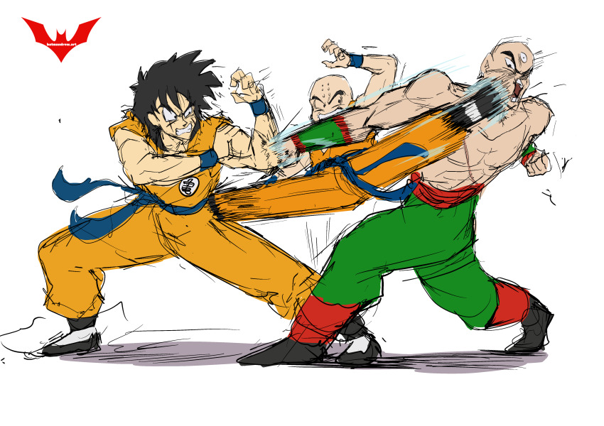 3boys bald bald_male batmandrewart black_hair blocking blue_eyes dragon_ball fighting kicking kuririn multiple_boys muscular muscular_male punching scar serious sparring tenshinhan white_background yamcha