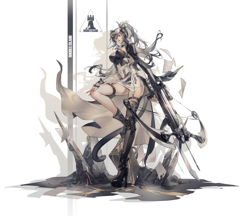 1girl absurdres animal_ears arknights arrow_(projectile) boots bow_(weapon) breasts cat_ears cat_tail crossbow dress full_body grey_hair high_heel_boots high_heels highres holding jiujiangzi_benren large_breasts long_hair looking_at_viewer ponytail rhodes_island_logo_(arknights) schwarz_(arknights) simple_background solo standing tail thigh_boots thigh_strap thighhighs thighs very_long_hair weapon white_background yellow_eyes