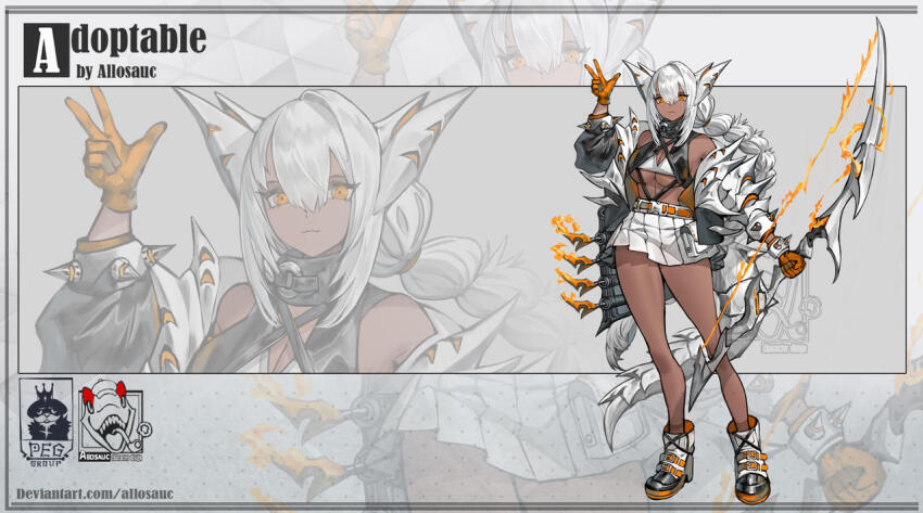 1girl :3 adoptable allosauc animal_ears arm_up artist_name asymmetrical_sleeves bare_legs bare_shoulders belt belt_buckle black_collar black_jacket black_sleeves boots bow_(weapon) braid breasts buckle reference_sheet closed_mouth collar dark-skinned_female dark_skin deviantart_username english_text eyelashes fire flaming_arrow full_body gradient_background grey_background hair_between_eyes holding holding_bow_(weapon) holding_weapon jacket knees large_breasts light_smile long_braid long_hair long_sleeves looking_at_viewer miniskirt mismatched_sleeves multicolored_jacket multiple_belts orange_bag orange_belt orange_eyes original pleated_skirt polka_dot polka_dot_background projected_inset puffy_long_sleeves puffy_sleeves shoe_belt shrug_(clothing) sidelocks simple_background single_braid skirt solo spikes stomach triangle_background turtleneck two-tone_jacket underboob v very_long_hair watermark weapon white_boots white_hair white_jacket white_skirt white_sleeves white_tail white_wrist_cuffs wrist_cuffs