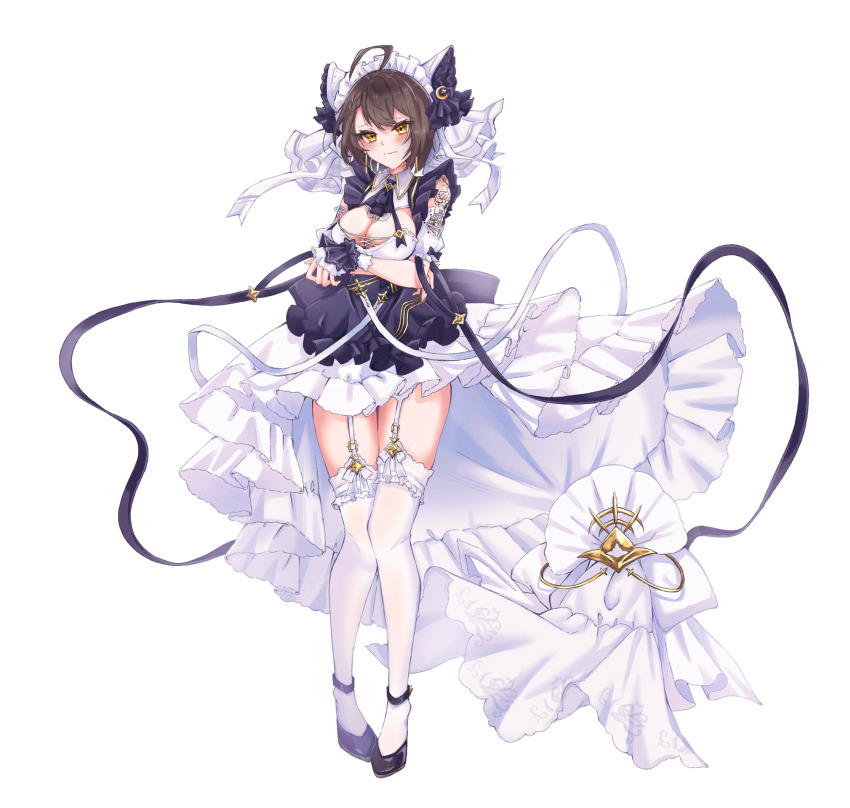 1girl ahoge animal_ears apron azur_lane baltimore_(azur_lane) bare_shoulders black_footwear blush braid breasts brown_hair cheshire_(azur_lane) cheshire_(azur_lane)_(cosplay) cleavage closed_mouth collared_dress commentary_request commission cosplay crossed_arms detached_sleeves dress fake_animal_ears flower_tattoo frilled_hairband frilled_ribbon frills full_body garter_straps hair_between_eyes hairband high_heels highres large_breasts long_ribbon looking_at_viewer maid_headdress mizuhane_(mizuhane_miu) neck_ribbon pixiv_commission puffy_detached_sleeves puffy_sleeves purple_apron ribbon short_hair shoulder_tattoo sidelocks simple_background sleeveless sleeveless_dress solo standing tattoo thighhighs white_background white_dress white_thighhighs wrist_cuffs yellow_eyes