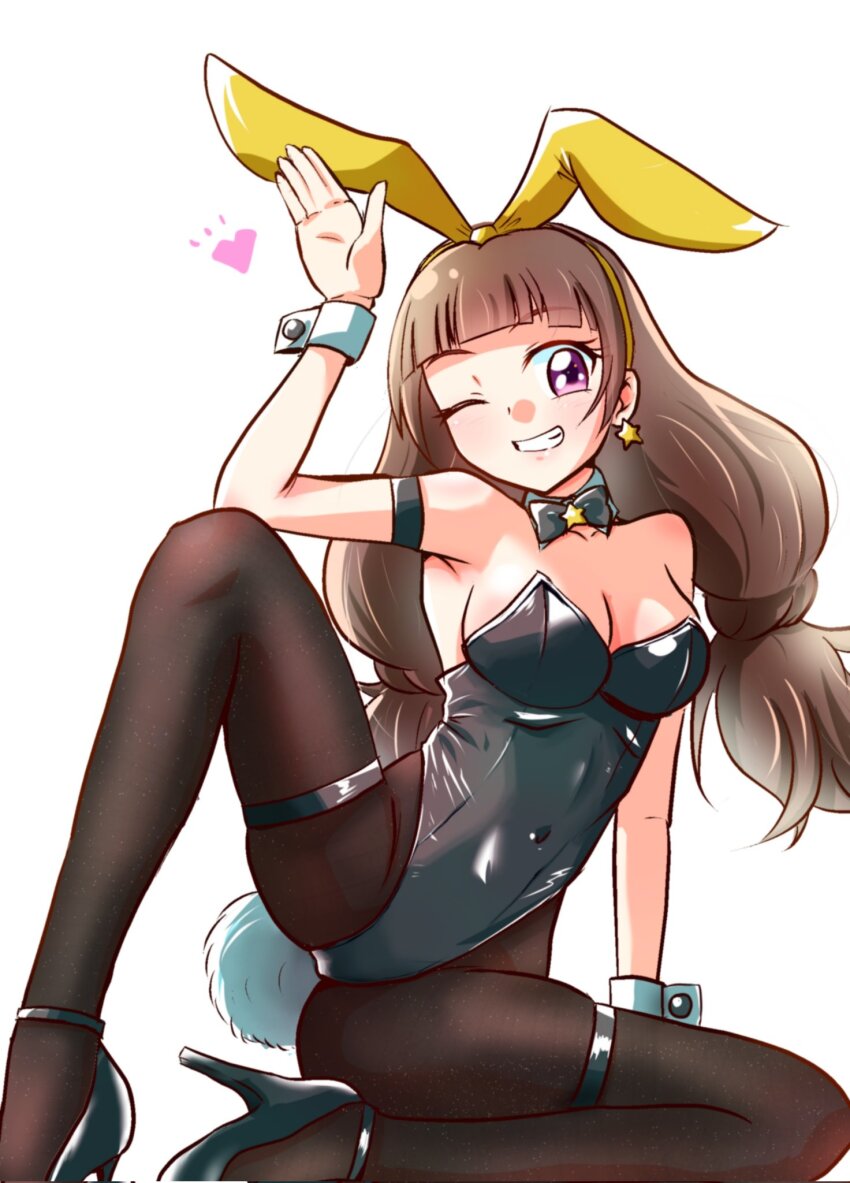 1girl amanogawa_kirara animal_ear_hairband animal_ears bare_shoulders black_leotard black_pantyhose blush bow bowtie breasts brown_hair buta_obutu cleavage covered_navel detached_collar earrings fake_animal_ears fake_tail go!_princess_precure hairband high_heels highres jewelry leotard long_hair looking_at_viewer medium_breasts pantyhose playboy_bunny precure purple_eyes rabbit_ear_hairband rabbit_ears rabbit_tail smile star_(symbol) star_earrings strapless strapless_leotard tail traditional_bowtie twintails white_wrist_cuffs wrist_cuffs