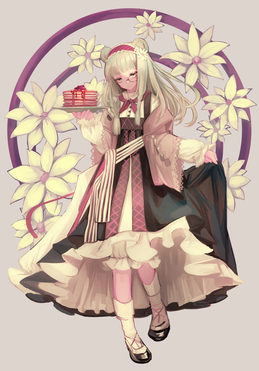 1girl animal_ears arknights bear_ears bear_girl black_dress black_footwear braid brown_jacket clothes_lift dress dress_lift flats flower food frilled_hairband frills full_body green_eyes green_hair grey_background hair_flower hair_ornament hairband hemorina highres holding holding_plate istina_(arknights) istina_(bibliosmia)_(arknights) jacket lifting_own_clothes long_hair long_sleeves monocle neckerchief official_alternate_costume open_clothes open_jacket pancake pancake_stack plate red_hairband red_neckerchief side_braids simple_background skirt_hold socks solo standing traditional_clothes white_flower white_socks