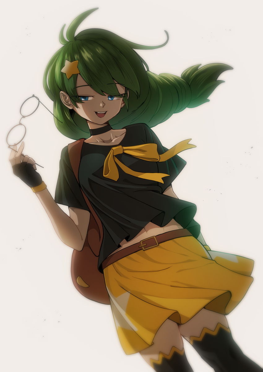 1girl absurdres black_choker black_skirt black_socks blue_eyes choker fingerless_gloves glasses gloves green_hair hair_ornament heydove highres ivy_(pokerogue) kneehighs long_hair nintendo open_mouth pokemon pokerogue skirt smile socks solo star_(symbol) star_hair_ornament unworn_eyewear yellow_skirt