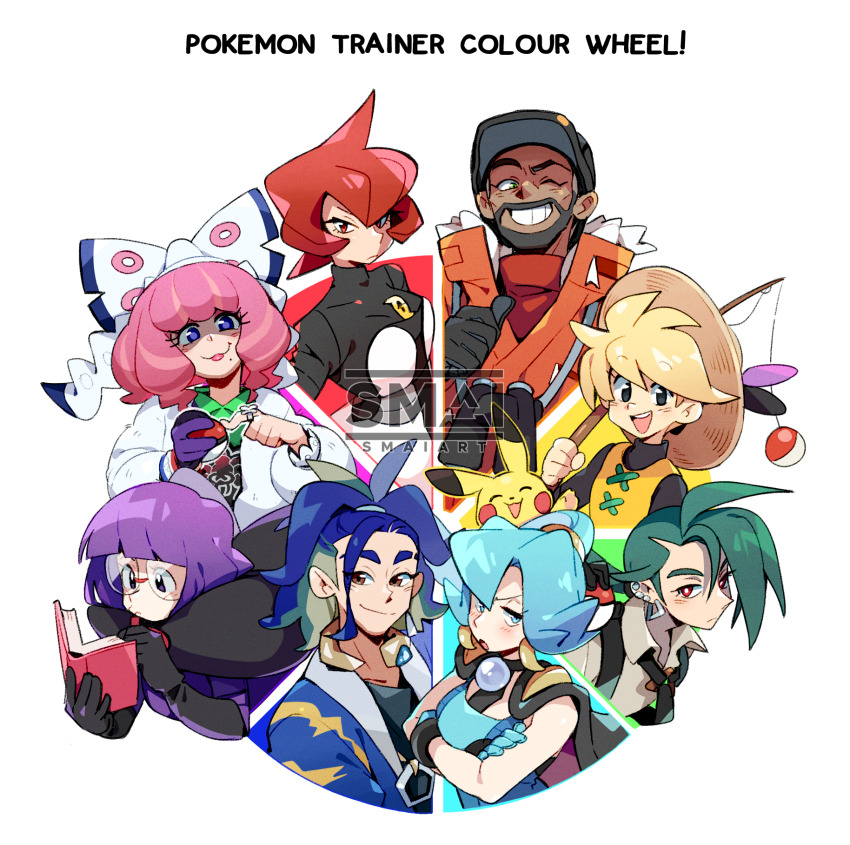 2boys 6+girls :o adaman_(pokemon) black_headwear blonde_hair blue_coat blue_hair blush book bow_hairband bracelet bright_pupils clair_(pokemon) closed_mouth coat collared_shirt commentary copyright_name cowlick crossed_arms dynamax_band earrings eyelashes gen_1_pokemon glasses gloves green_hair hairband hand_up hat highres holding holding_book holding_poke_ball jacket jewelry klara_(pokemon) logo long_hair mars_(pokemon) mole mole_under_mouth multiple_boys multiple_girls neck_ring nintendo peony_(pokemon) pikachu pink_hair poke_ball poke_ball_(basic) pokemon pokemon_(creature) pokemon_adventures pokemon_bw pokemon_dppt pokemon_hgss pokemon_legends:_arceus pokemon_sv pokemon_swsh ponytail purple_hair reading red_eyes rika_(pokemon) round_eyewear sami_briggs shauntal_(pokemon) shirt smile vest watermark white_hairband white_jacket white_pupils yellow_(pokemon) yellow_vest