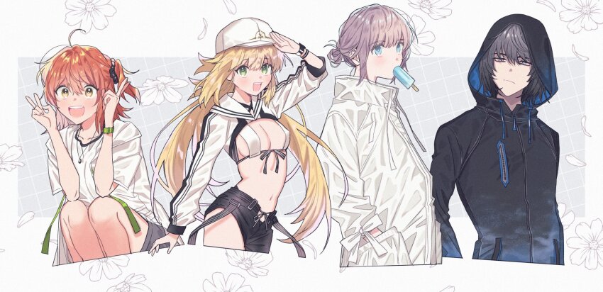 1boy 2girls artoria_caster_(fate) artoria_caster_(swimsuit)_(fate) artoria_caster_(swimsuit)_(first_ascension)_(fate) artoria_caster_(swimsuit_berserker)_(fate) artoria_caster_(swimsuit_berserker)_(first_ascension)_(fate) artoria_pendragon_(fate) belt bikini black_jacket black_ribbon blonde_hair blue_eyes blush bracelet breasts closed_mouth fate/grand_order fate_(series) flower food fujimaru_ritsuka_(female) fujimaru_ritsuka_(female)_(summer_street) grey_hair grey_shorts highres ice_cream jacket jewelry long_hair looking_at_viewer multiple_girls oberon_(fate) oberon_(moody_summer_oberon)_(fate) oberon_(refreshing_summer_prince)_(fate) oberon_(third_ascension)_(fate) open_mouth orange_eyes orange_hair ribbon shirt short_hair shorts small_breasts smile swimsuit t-shirt twintails wani_(mezo) white_bikini white_headwear white_jacket