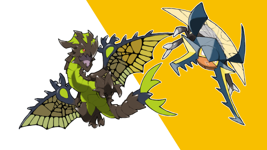 animal_focus astalos blacknirrow closed_mouth colored_sclera creatures_(company) crossover flying game_freak gen_7_pokemon green_sclera highres insect_wings mandibles monster monster_hunter_(series) nintendo no_humans open_mouth outline pokemon pokemon_(creature) red_eyes simple_background two-tone_background vikavolt white_background white_outline wings yellow_background