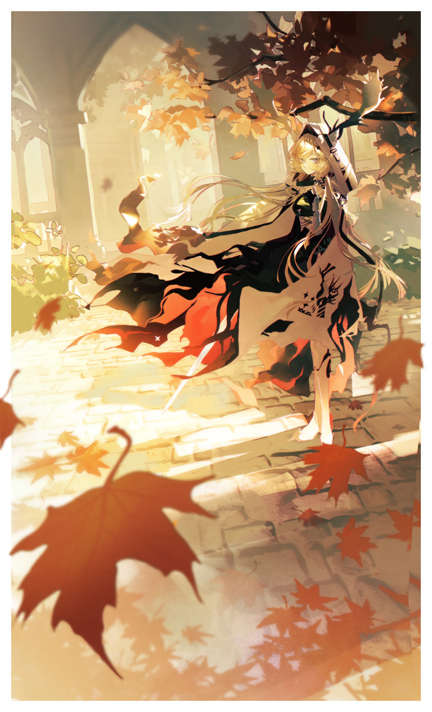 1girl absurdres animal_ears arch arknights armored_boots autumn_leaves black_gloves blonde_hair boots branch bush cape capelet cross-laced_clothes deer_ears ears_through_hood floating_hair full_body garden gauntlets gloves hair_ornament highres holding holding_sword holding_weapon hood hooded_capelet leaf light176 logo long_hair looking_at_viewer looking_to_the_side maple_leaf outdoors partially_fingerless_gloves pavement purple_eyes solo standing sword torn_cape torn_clothes very_long_hair viviana_(arknights) weapon white_boots wind wind_lift x_hair_ornament