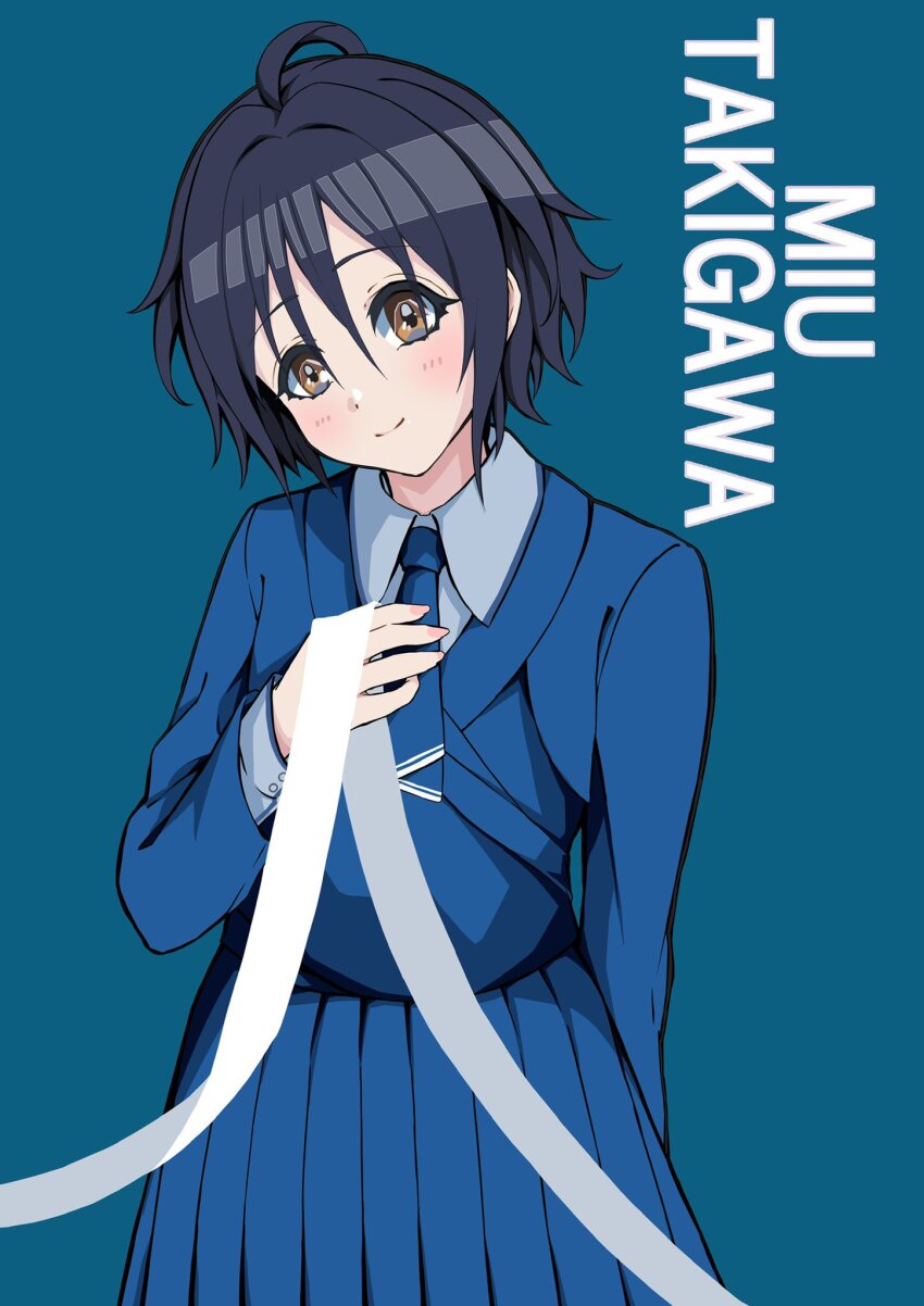 1girl 22/7 ahoge arm_behind_back blue_background blue_dress blue_hair blue_necktie blush boku_ga_motteru_mono_nara brown_eyes character_name closed_mouth collared_shirt cowboy_shot dark_blue_hair dress highres holding holding_ribbon lionmaru0808 long_sleeves looking_at_viewer necktie pleated_dress ribbon shirt short_hair simple_background smile solo standing takigawa_miu wavy_hair