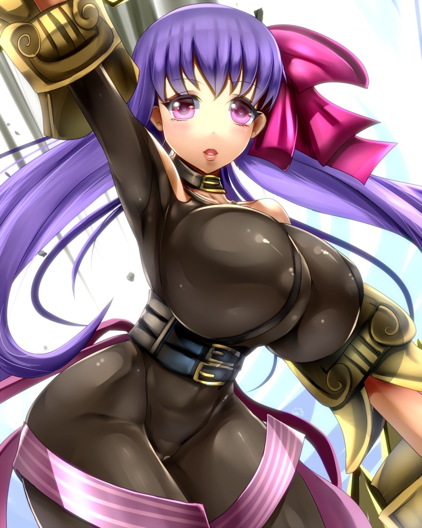 10s 1girl bare_shoulders bodysuit bow breasts fate/extra fate/extra_ccc fate_(series) female_focus hair_bow highres huge_breasts looking_at_viewer parted_lips passionlip_(fate) purple_eyes purple_hair sakuama solo thighs