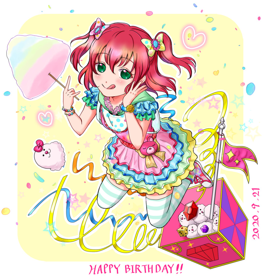 1girl :p aqua_eyes aqua_legwear aqua_scrunchie artist_name artist_request blue_skirt blush bow box bracelet breasts candy chibi cotton_candy cotton_candy_ei-ei-oh! cross-laced_footwear dice dress female_focus flag food frilled_dress frills full_body gems green_eyes green_skirt hair_between_eyes hair_bow highres holding holding_candy holding_food jewelry kurosawa_ruby looking_at_viewer love_live! love_live!_school_idol_festival love_live!_sunshine!! multicolored_shoes pink_shirt pink_skirt pleated_skirt polka_dot polka_dot_shirt red_hair ribbon rio_rinosuke scrunchie shirt shoes short_hair skirt smile solo striped_legwear tongue tongue_out twintails white_legwear white_shirt wrist_bracelet wrist_scrunchie