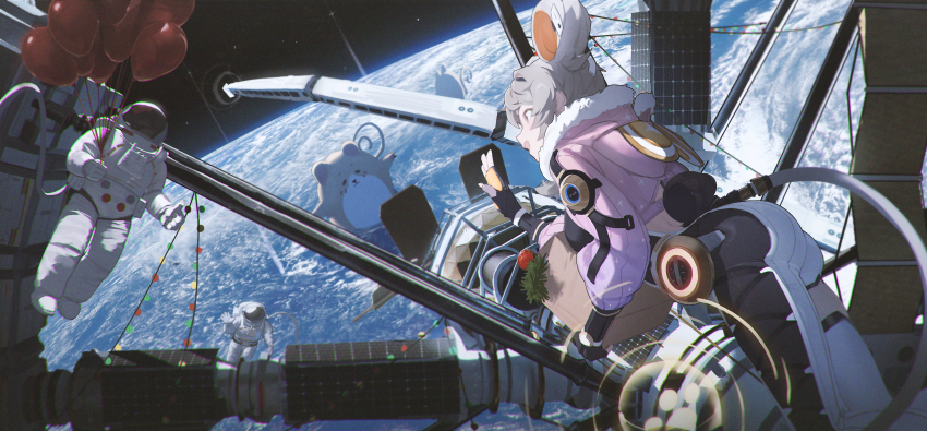 absurdres animal_ears ass astronaut breasts darah gloves grey_hair highres jacket lumi_(wuthering_waves) medium_breasts short_hair skin_tight space space_station tail thighhighs wuthering_waves zettai_ryouiki