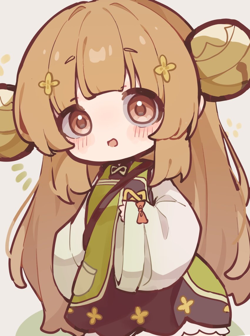 1girl absurdres alternate_hair_length alternate_hairstyle awa_teruru bell blunt_bangs blunt_tresses blush bow brown_eyes brown_hair chinese_clothes clover_print dress flower genshin_impact green_dress hair_bell hair_down hair_flower hair_ornament hand_on_own_chest highres knot long_hair long_sleeves looking_at_viewer open_mouth red_bow short_eyebrows shoulder_strap sidelocks sleeve_bow sleeves_past_wrists solo white_background white_sleeves wide_sleeves yaoyao_(genshin_impact) yellow_flower
