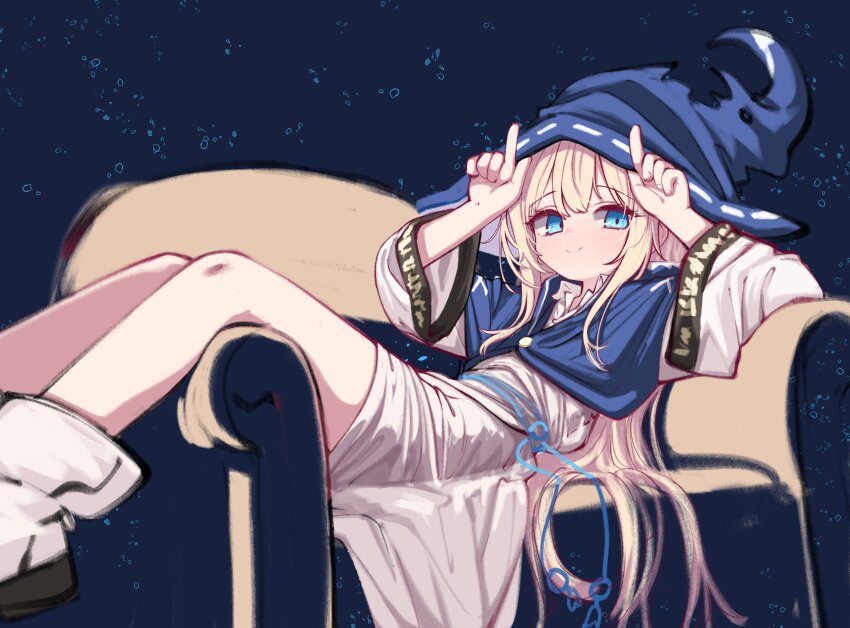 1girl absurdres blonde_hair blue_capelet blue_eyes boots capelet closed_mouth couch dress grin hat highres horns_pose kimhiro long_hair long_sleeves looking_at_viewer on_couch sitting smile solo very_long_hair white_boots white_dress wide_sleeves witch_hat