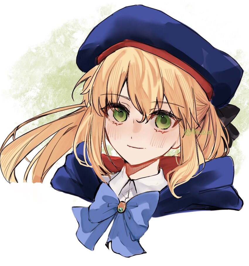 1girl 710_ao artoria_caster_(fate) artoria_caster_(second_ascension)_(fate) artoria_pendragon_(fate) blonde_hair bow bowtie capelet closed_eyes collared_shirt cropped_shoulders fate/grand_order fate_(series) green_eyes hat highres light_smile long_hair looking_at_viewer red_trim shirt sidelocks solo twintails