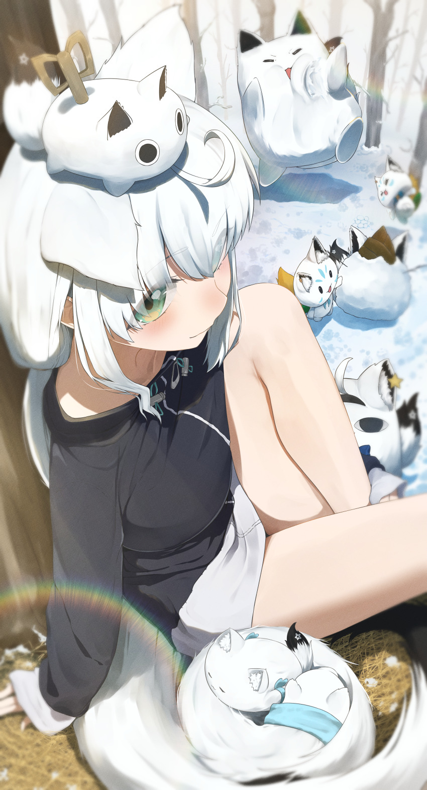 1girl absurdres ahoge animal_ears aqua_eyes arm_support black_jacket blush closed_mouth commentary_request creature creature_on_head feet_out_of_frame forest fox fox_girl fox_tail from_above from_side fubuchun fubuzilla_(shirakami_fubuki) hand_on_ground highres hololive jacket knee_up leaning_back light_rays long_hair long_sidelocks miteiru_(shirakami_fubuki) nature nejima_kitsune_(shirakami_fubuki) on_ground oruyanke_(shirakami_fubuki) outdoors perspective ponytail shirakami_fubuki shirousagi_(sirousagi0501) shorts sidelocks sitting snow snowball snowman solo sukonbu_(shirakami_fubuki) tail throwing tree virtual_youtuber white_hair white_tail winding_key winter