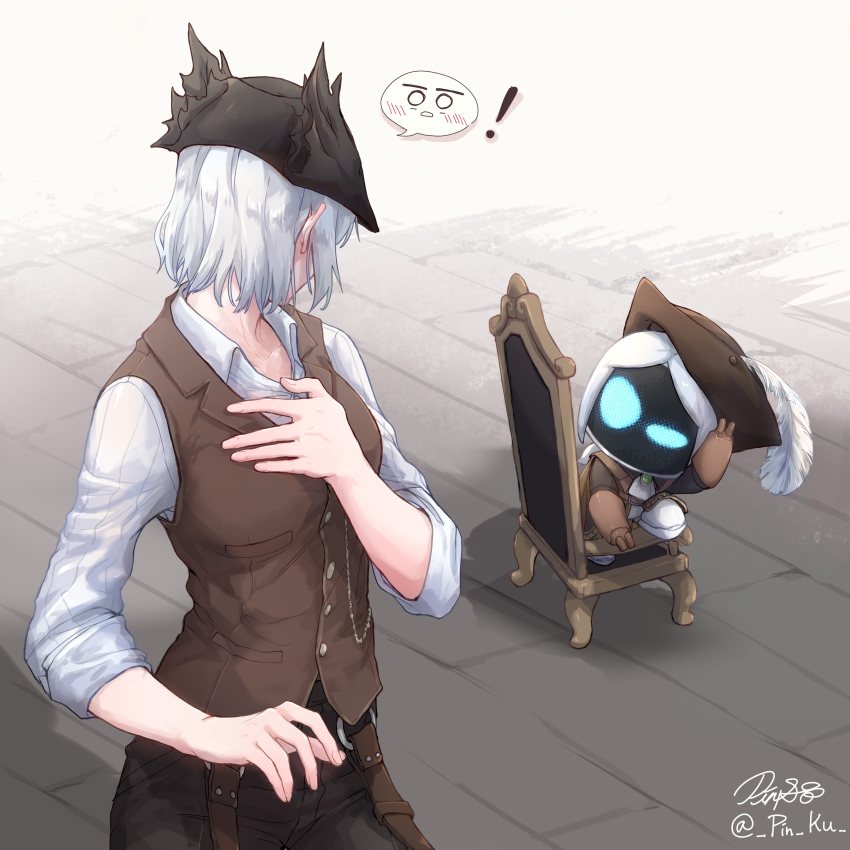 2girls absurdres astro_bot_(series) black_pants bloodborne blue_eyes brown_gloves brown_vest chair collared_shirt commentary english_commentary gloves hat hat_feather highres humanoid_robot lady_maria_of_the_astral_clocktower looking_at_another multiple_girls pants parted_bangs pin.s robot robot_girl science_fiction shirt short_hair sitting sleeves_rolled_up speech_bubble standing tricorne vest white_hair white_shirt