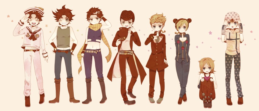 1girl 6+boys beanie black_hair blonde_hair blue_eyes boots braid breasts brown_hair chain cleavage cleavage_cutout clothing_cutout cosplay curly_hair dixie_cup_hat double_bun closed_eyes frown gakuran giorno_giovanna giorno_giovanna_(cosplay) green_eyes green_hair grin hat heart higashikata_josuke higashikata_josuke_(jojolion) higashikata_jousuke_(cosplay) higashikata_jousuke_(jojolion)_(cosplay) horseshoe johnny_joestar johnny_joestar_(cosplay) jojo_no_kimyou_na_bouken jonathan_joestar jonathan_joestar_(cosplay) joseph_joestar joseph_joestar_(young) joseph_joestar_(young)_(cosplay) kanoko33 kuujou_jolyne kuujou_jolyne_(cosplay) kuujou_joutarou kuujou_joutarou_(cosplay) military_hat multicolored_hair multiple_boys navel one_eye_closed open_mouth peace_symbol pompadour ponytail sailor salute scarf school_uniform short_hair sitting smile standing steel_ball_run two-tone_hair wink
