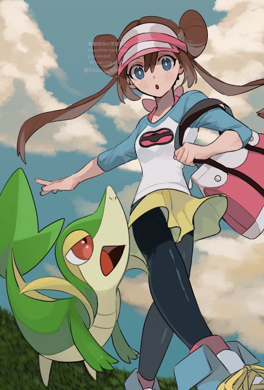 1girl :o black_pantyhose blue_eyes bright_pupils brown_hair cloud commentary_request day double_bun floating_hair from_below gen_5_pokemon hair_bun highres long_hair looking_down momotose_(hzuu_xh4) nintendo open_mouth outdoors pantyhose pink_bag pointing pokemon pokemon_(creature) pokemon_bw2 raglan_sleeves rosa_(pokemon) shirt shoes shorts sky snivy standing three-quarter_sleeves twintails visor_cap watermark white_pupils yellow_shorts