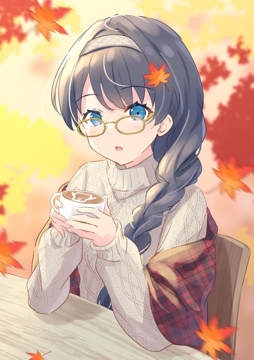 1girl :o absurdres alternate_costume alternate_hairstyle aran_sweater autumn_leaves bespectacled bird blue_eyes blue_hair blurry blurry_background braid brown-framed_eyewear cable_knit coffee_mug commentary cup glasses grey_hairband grey_sweater hairband hanazora_satsuki highres holding holding_cup latte_art leaf leaf_on_head link!_like!_love_live! long_braid long_hair long_sleeves looking_at_viewer love_live! mug murano_sayaka penguin plaid_clothes plaid_shawl red_shawl shawl single_braid sleeves_past_fingers sleeves_past_wrists solo sweater symbol-only_commentary turtleneck turtleneck_sweater virtual_youtuber