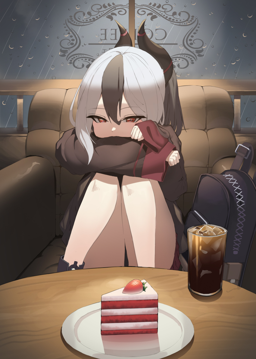 1girl absurdres backpack bag black_hair blue_archive cake coffee commentary_request couch cup demon_horns drinking_glass food fruit gogiwaffle hair_between_eyes halo highres horns iced_coffee indoors kayoko_(blue_archive) knees_up legs long_hair looking_at_viewer multicolored_hair on_couch rain red_eyes sitting sleeves_past_wrists solo strawberry two-tone_hair white_hair wide_sleeves