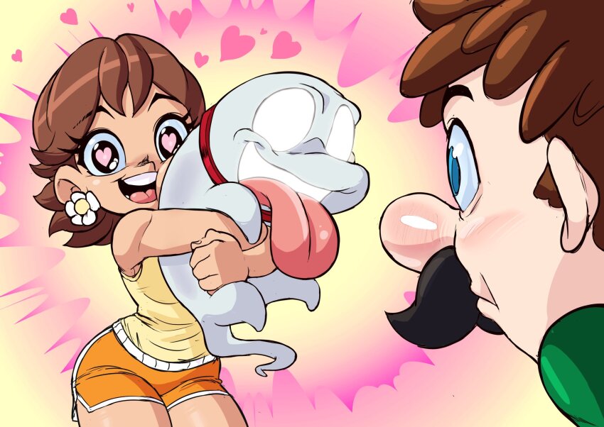 1boy 1girl animal animal_hug blue_eyes brown_hair collar crossed_arms dog earrings facial_hair flower_earrings ghost green_shirt happy heart heart-shaped_pupils highres holding holding_animal holding_dog hug jewelry looking_at_another luigi luigi&#039;s_mansion mario_(series) mustache nintendo no_pupils open_mouth orange_shirt orange_shorts polterpup princess_daisy red_collar shirt short_hair short_shorts shorts sleeveless symbol-shaped_pupils tail teeth teevo tongue tongue_out upper_body