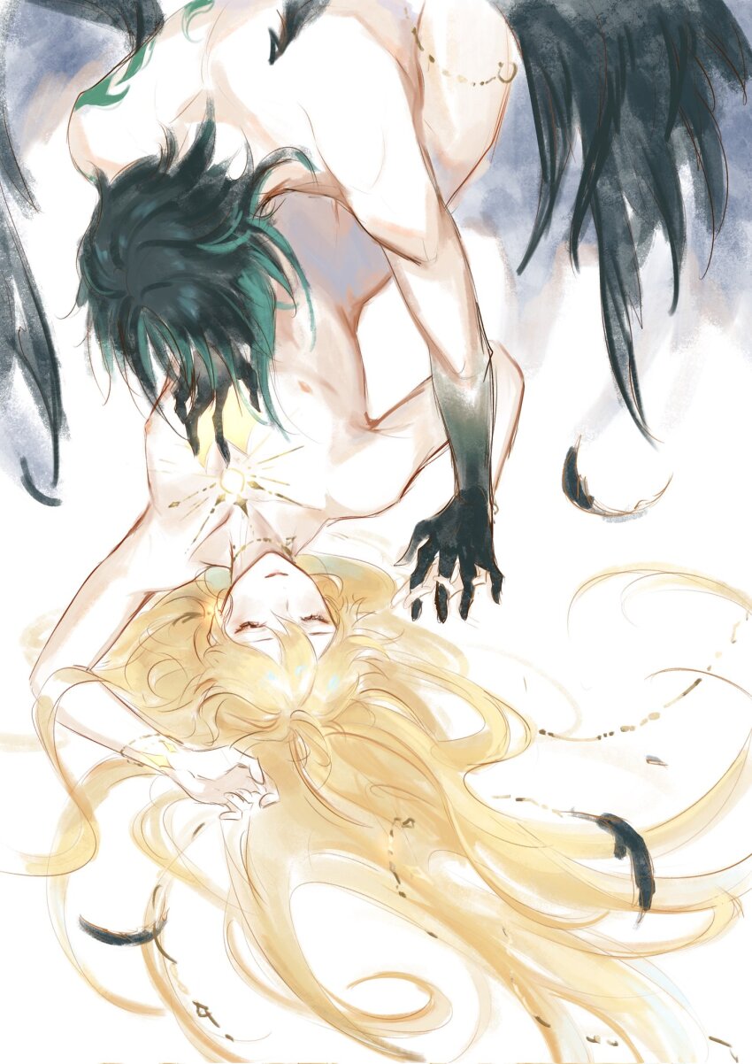 2boys aether_(genshin_impact) androgynous arm_support arm_up between_legs blonde_hair boy_on_top chest_tattoo closed_eyes closed_mouth colored_extremities colored_tips couple earrings evee_(bingumon) facing_another falling_feathers feathered_wings feathers from_above genshin_impact glowing glowing_earrings glowing_markings green_hair groin hair_down hair_spread_out hand_up highres holding_hands interlocked_fingers jewelry light_smile long_hair lying male_focus multicolored_hair multiple_boys nipples nude on_back single_earring sketch tattoo u_u watercolor_effect white_background wings xiao_(genshin_impact) yaoi