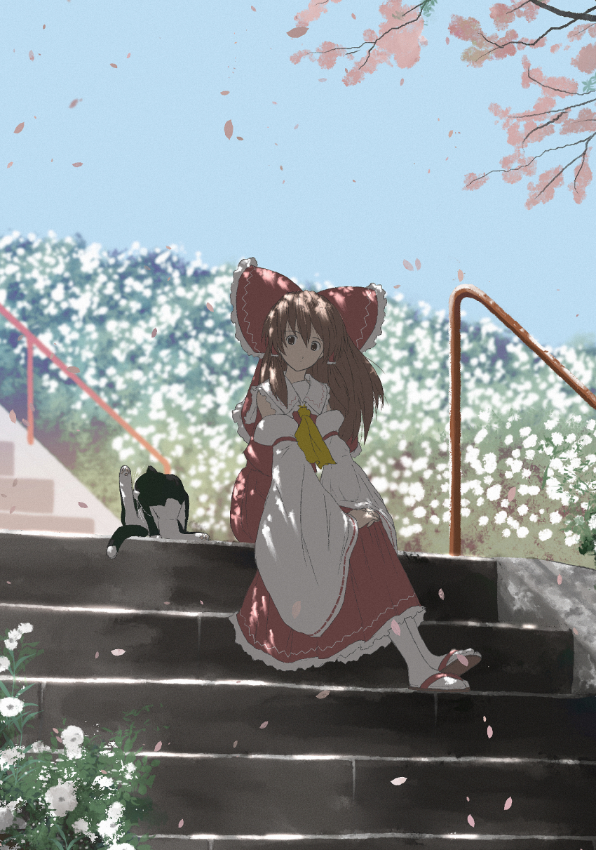 1girl animal blue_sky brown_eyes brown_hair bush cat cherry_blossoms commentary_request cropped dappled_sunlight day detached_sleeves dress falling_petals flower hair_ribbon hair_tubes hakurei_reimu handrail hands_on_own_knees highres licking long_hair long_skirt looking_at_viewer neckerchief oubachiago petals pink_flower procreate_(medium) red_dress ribbon sandals sidelocks sitting skirt sky solo spring_(season) stairs stone_stairs sunlight touhou tree tree_shade whiskers white_flower yellow_neckerchief