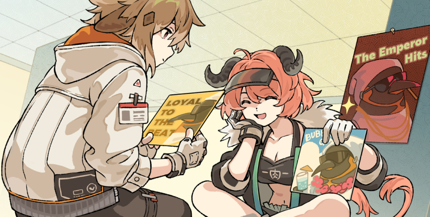 1boy 1girl animal_ears arknights bison_(arknights) breasts brown_hair chinese_commentary cleavage closed_eyes closed_mouth commentary_request cow_boy cow_ears cow_girl cow_horns cow_tail croissant_(arknights) crop_top emperor_(arknights) favilia hood hood_down hooded_jacket horns indoors jacket long_sleeves medium_breasts navel open_mouth orange_hair slice_of_life tail white_jacket