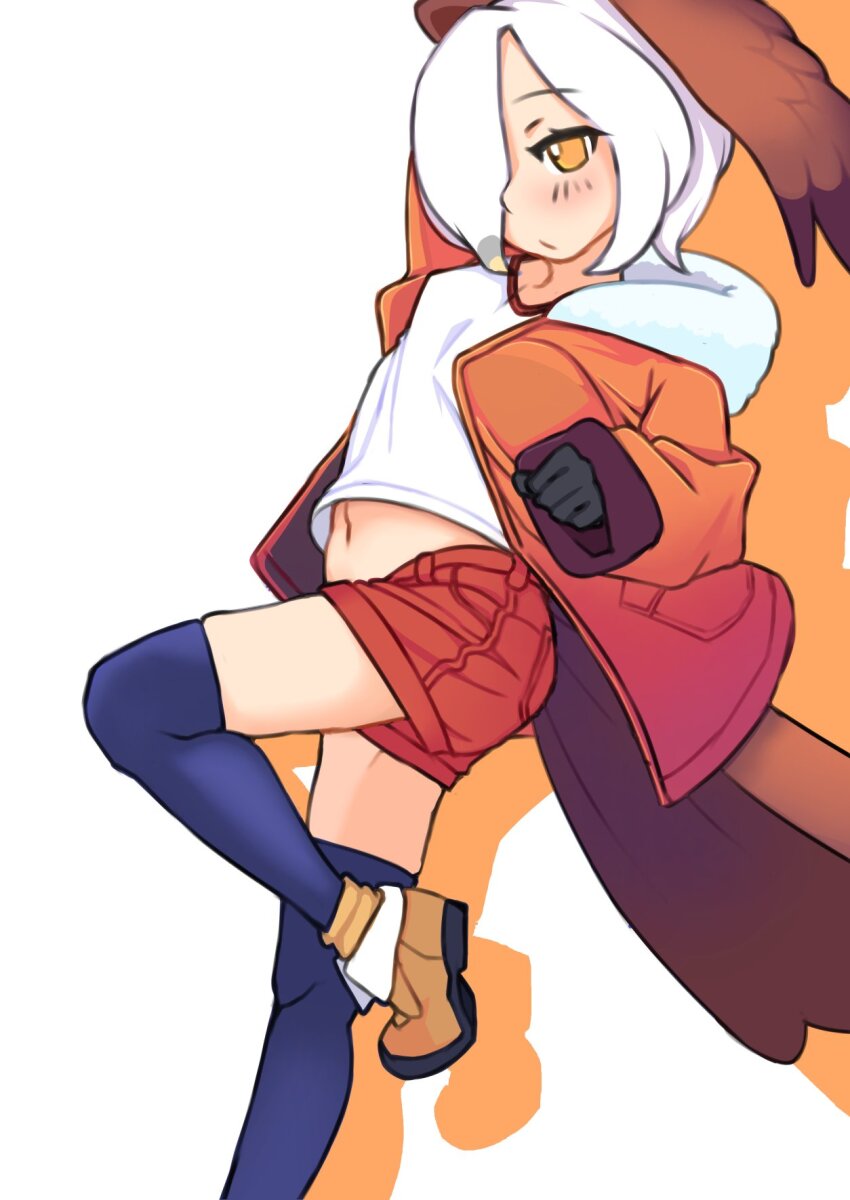 1girl bird_tail black_gloves blue_thighhighs blush brahminy_kite_(kemono_friends)_(illu_(illu_stratos)) brown_shoes brown_wings closed_mouth colored_shadow commentary_request expressionless feathered_wings foot_out_of_frame gloves hair_between_eyes hair_over_one_eye head_wings highres illu_(illu_stratos) jacket kemono_friends long_bangs looking_at_viewer midriff navel open_clothes open_jacket orange_jacket red_shorts shadow shirt shoes short_hair short_shorts shorts simple_background solo t-shirt tail thighhighs white_background white_hair white_shirt wings yellow_eyes